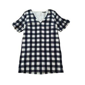 Madewell Dress Size 6 Shift Mini Leighton Navy Plaid Short Sleeves Ruffle